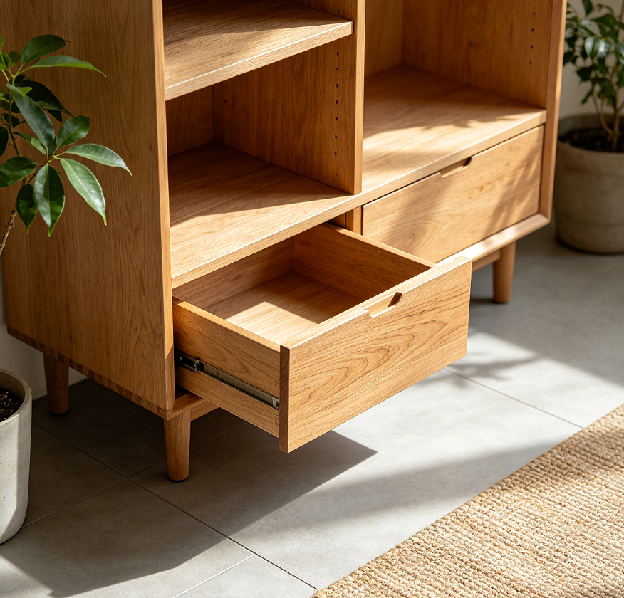 Low Shoe Cabinet with Angled Shelves and Drawer